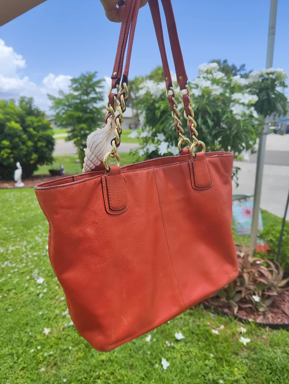 Coach Leather Tote in Rust Orange with Gold Chain Straps